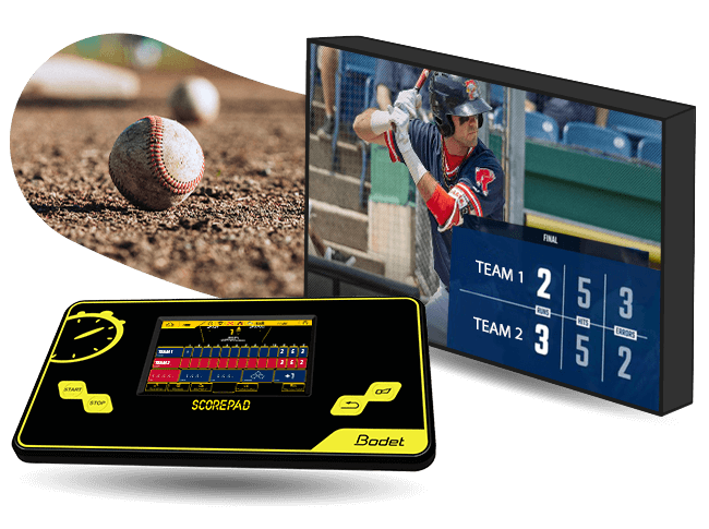 Anzeige der Spielstände auf einem Großbildschirm, abgestimmt auf die Regeln für Baseball und Softball